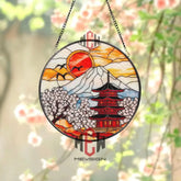 Mount Fuji Japanese Temple Suncatcher Cherry Blossom Stained Glass Art Oriental Window Hanging Decor Asian Landscape