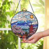 Mount Fuji Stained Glass Suncatcher Japanese Pagoda Glass Art Cherry Blossom Window Decor Japan Landscape Gift Oriental