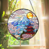 Mount Fuji Stained Glass Suncatcher Japanese Pagoda Window Art Sakura Blossom Decor Japan Landscape Hanging Gift for
