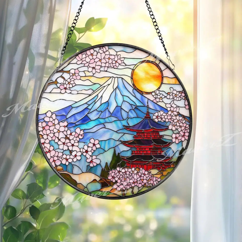 Mount Fuji Stained Glass Suncatcher Japanese Pagoda Window Art Sakura Blossom Decor Japan Landscape Hanging Gift for