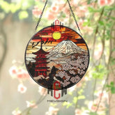 Mount Fuji Sunset Suncatcher Japanese Pagoda Stained Glass Sakura Flower Window Hanging Oriental Decor Gift Asian