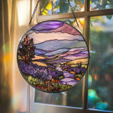 Mountain and Forest Stained Glass Suncatcher Sunset Landscape Window Art Rustic Nature Decor Cozy Cabin Gift for Nature