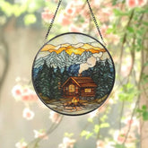 Mountain Cabin Stained Glass Suncatcher Scenic Log Cabin Window Hanging Rustic Forest Lodge Decor Campfire Sunset Glass