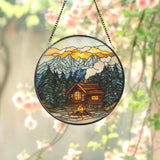 Mountain Cabin Stained Glass Suncatcher Scenic Log Cabin Window Hanging Rustic Forest Lodge Decor Campfire Sunset Glass