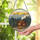 Mountain Cabin Stained Glass Suncatcher Scenic Log Cabin Window Hanging Rustic Forest Lodge Decor Campfire Sunset Glass
