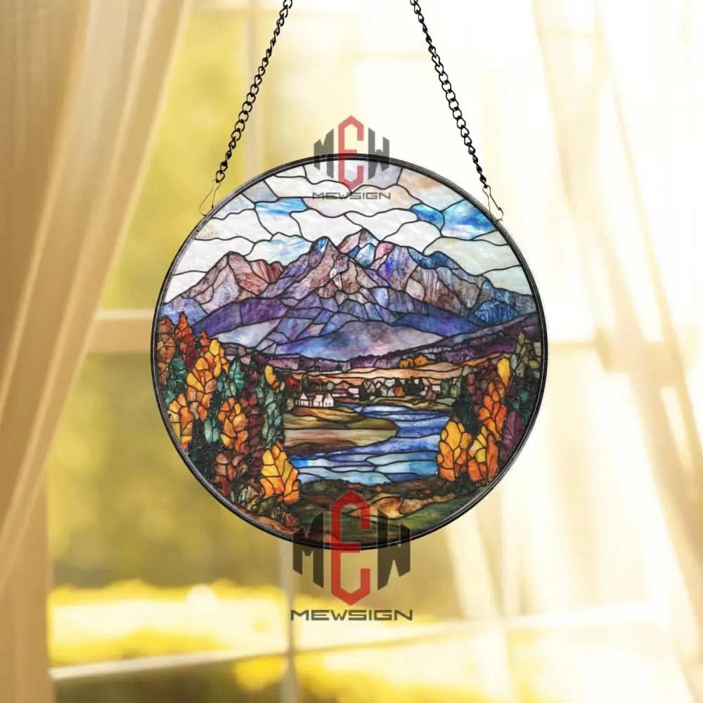 Mountain Landscape Stained Glass Suncatcher Autumn Forest Scene Window Art Nature Glass Panel Cabin View Decor Fall