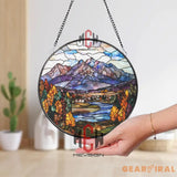 Mountain Landscape Stained Glass Suncatcher Autumn Forest Scene Window Art Nature Glass Panel Cabin View Decor Fall