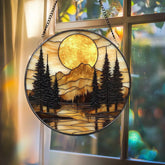 Mountain Sunset Stained Glass Suncatcher Nature Landscape Window Hanging Round Forest Glass Art Rustic Cabin Decor Gift