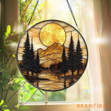 Mountain Sunset Stained Glass Suncatcher Nature Landscape Window Hanging Round Forest Glass Art Rustic Cabin Decor Gift