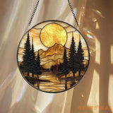 Mountain Sunset Stained Glass Suncatcher Nature Landscape Window Hanging Round Forest Glass Art Rustic Cabin Decor Gift