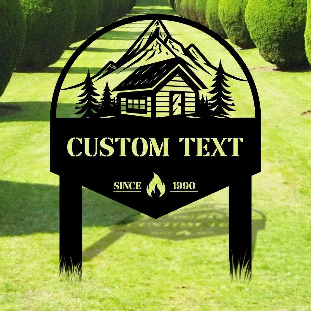 Moutain Cabin Metal Sign Metal Yard Stake Personalized Name Yard Sign Outdoor Door Garden Decor Garden Metal Sign