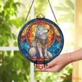 Mystical White Wolf Stained Glass Suncatcher Fantasy Animal Window Panel Gemstone Decor Gift for Wolf Lovers and Magic