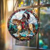Native American Stained Glass Suncatcher Warrior on Horse Window Panel Western Mountain Scene Decor Indigenous Heritage