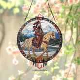 Native American Warrior Stained Glass Suncatcher Horseback Tribal Chief Window Art Western Mountain Decor Indigenous