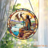 Native American Woman and Eagle Stained Glass Suncatcher Spirit Animal Window Art Cultural Nature Decor Gift for Home