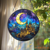 Night Castle Stained Glass Suncatcher Fantasy Moon and Stars Round Panel Enchanted Window Decor for Book Lovers Fairy