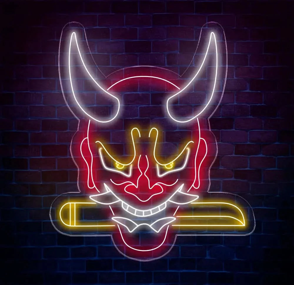 Oni Mask Neon Sign - Japanese Hannya Demon Mask Samurai Wall Art Custom Japanese Neon Decor Hannya Mask LED Light Anime