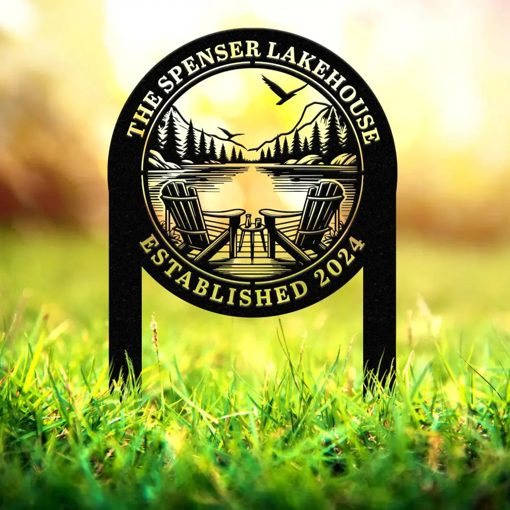 Outdoor Metal Sign with Lake Scene Forest Lake Sign Custom Lake House Name Sign Camping Metal sign Custom Name Sign