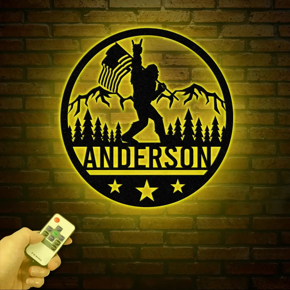 Outdoor Sasquatch with US Flag Led Light Metal Sign - Custom Bigfoot Mountain Yard Art Metal Yeti Decor Personalized