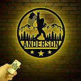 Outdoor Sasquatch with US Flag Led Light Metal Sign - Custom Bigfoot Mountain Yard Art Metal Yeti Decor Personalized