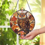 Owl Stained Glass Suncatcher Autumn Leaf Window Panel Fall Decor for Nature Lovers Rustic Woodland Owl Glass Art