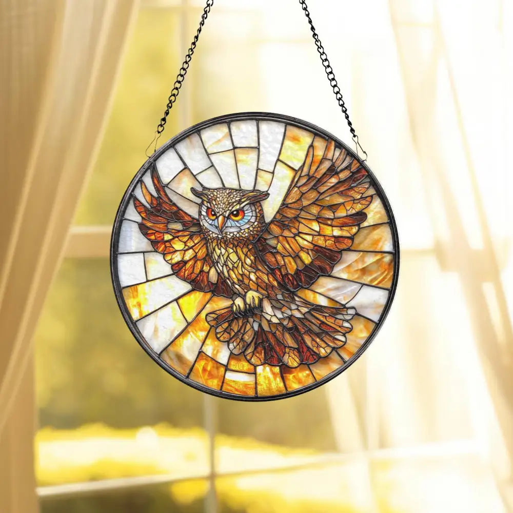 Owl Stained Glass Suncatcher Bird Window Hanging Decor Light Catcher for Home or Cabin Unique Gift for Owl Lovers and