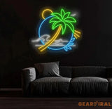 Palm Tree & Wave Neon Wall Art - Custom LED Sign for Kids Room Bedroom Game Room Decor Tropical Neon Light for Wall