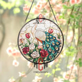 Peacock Stained Glass Suncatcher Elegant Bird Floral Window Panel Round Hanging Peacock Decor for Garden Porch or