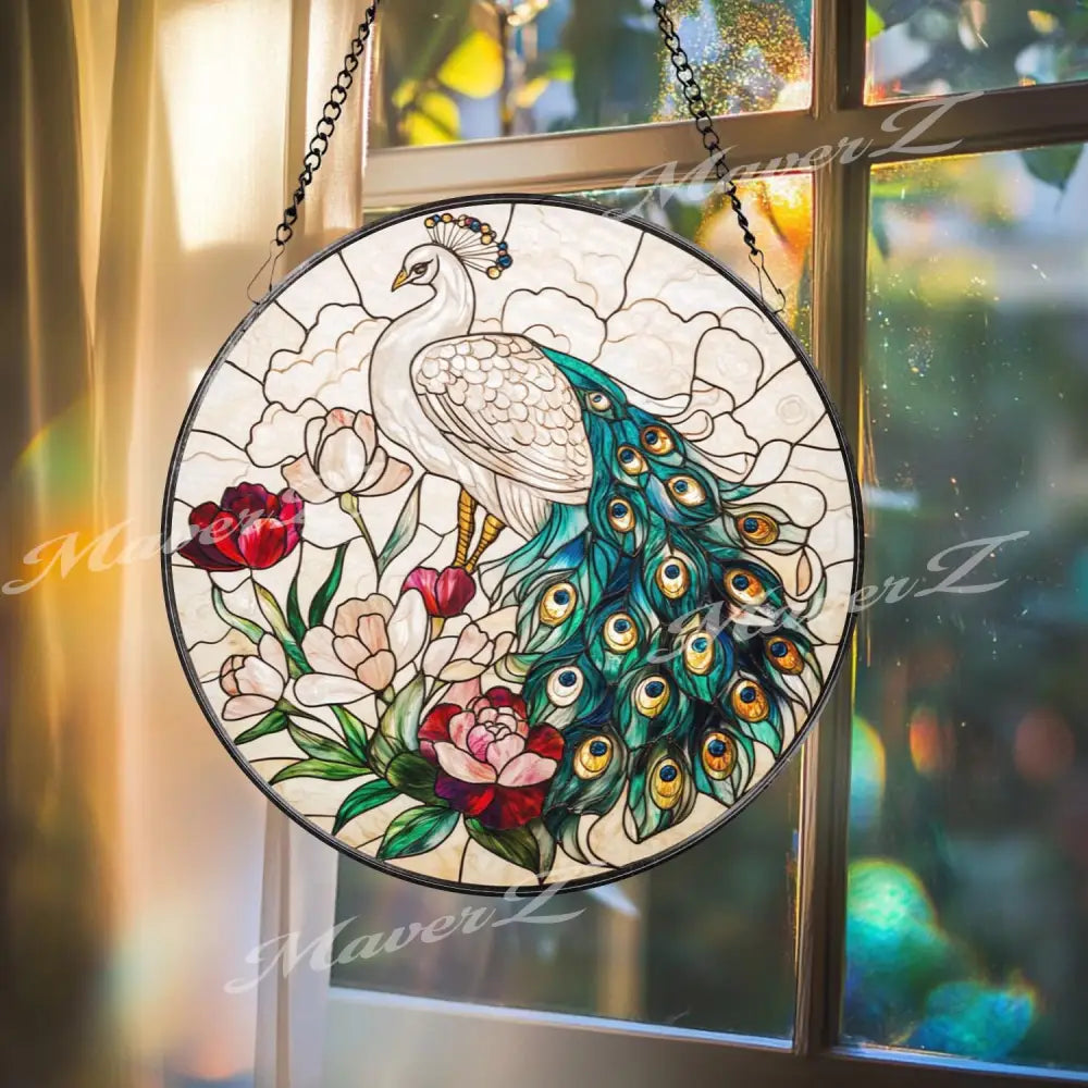 Peacock Stained Glass Suncatcher Elegant Window Hanging Panel with Flowers Bird Lover Gift Colorful Garden Window Decor
