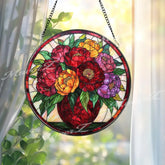 Peony Flower Stained Glass Suncatcher Colorful Floral Vase Window Hanging Garden Lover Glass Art Elegant Home Decor
