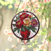 Peony Flower Stained Glass Suncatcher Red Vase Floral Window Panel Elegant Spring Decor Gift for Garden and Flower