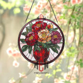 Peony Flower Stained Glass Suncatcher Red Vase Floral Window Panel Elegant Spring Decor Gift for Garden and Flower