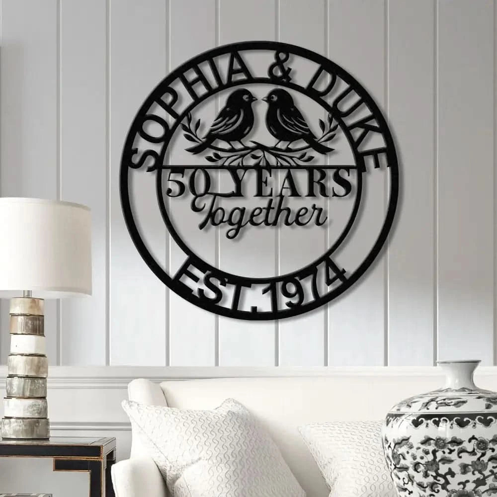 Personalized 50th Wedding Anniversary Lovebirds Metal Sign - Custom Wall Art Gift for Parents Husband and Wife