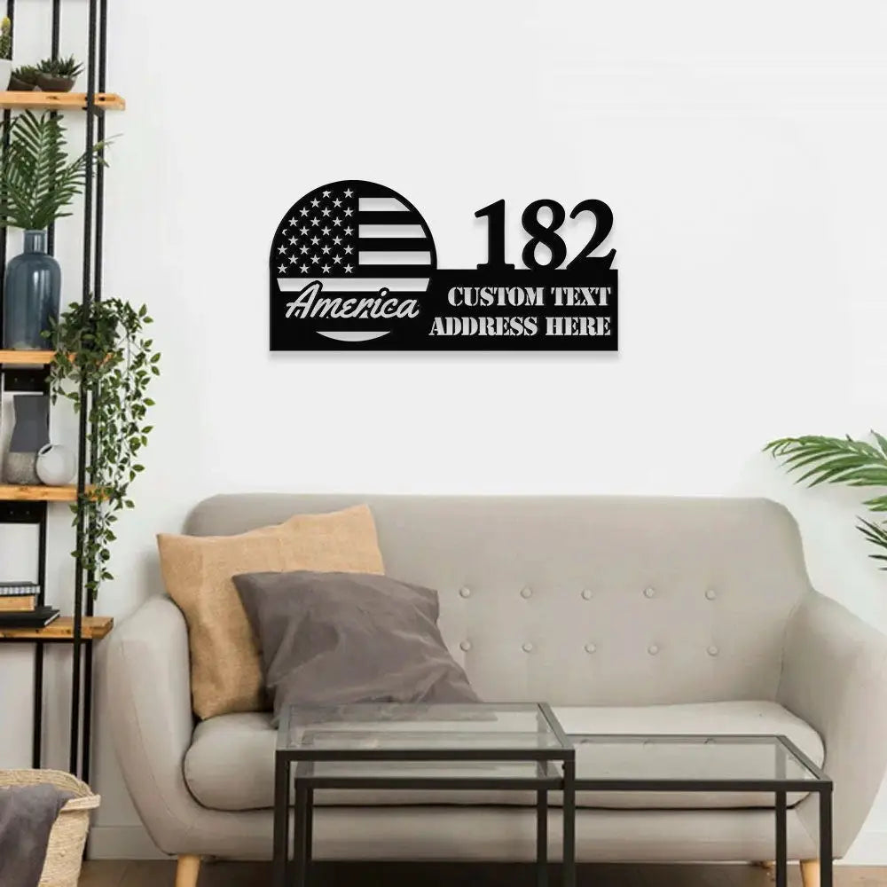 Personalized America US Flag - Metal Address Sign House Number Hanging Address - Metal Address Sign - Address Wall Art