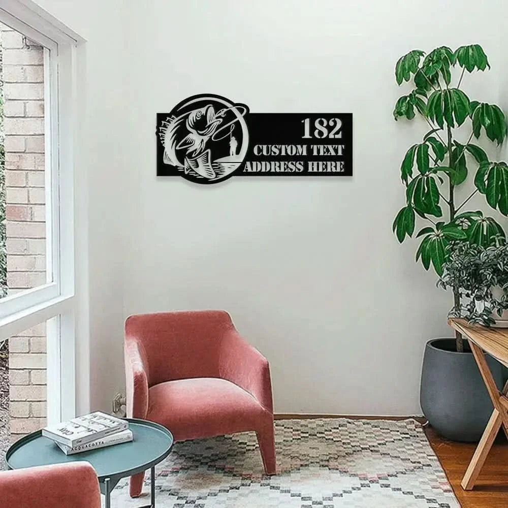 Personalized Bass Address Metal LED Sign - Fisherman Address Metal Wall Art - Outdoor Sign - Family LED Address Wall