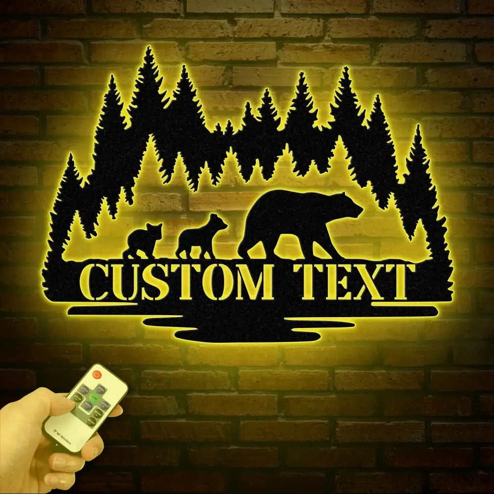 Personalized Bear Cabin Metal Sign with LED Light – Rustic Bear Decor for Cabin or Outdoors – Custom Door Monogram &