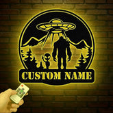 Personalized Bigfoot Alien UFO Metal Wall Art LED Light Custom Sasquatch Name Sign Unique UFO Decor Alien Lover Gift