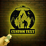 Personalized Bigfoot Alien UFO Metal Wall Art LED Light Custom Sasquatch Name Sign Unique UFO Decor Alien Lover Gift