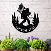 Personalized Bigfoot Sasquatch With US Flag Metal Address Sign | Custom Hanging Address Plaque | Yard Sign Outdoor Sign