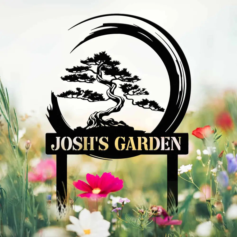 Personalized Bonsai Tree Garden Sign with Stake Custom Metal Garden Stake Asian Yard Art Metal Yard Decor Garden Sign