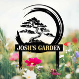 Personalized Bonsai Tree Garden Sign with Stake Custom Metal Garden Stake Asian Yard Art Metal Yard Decor Garden Sign