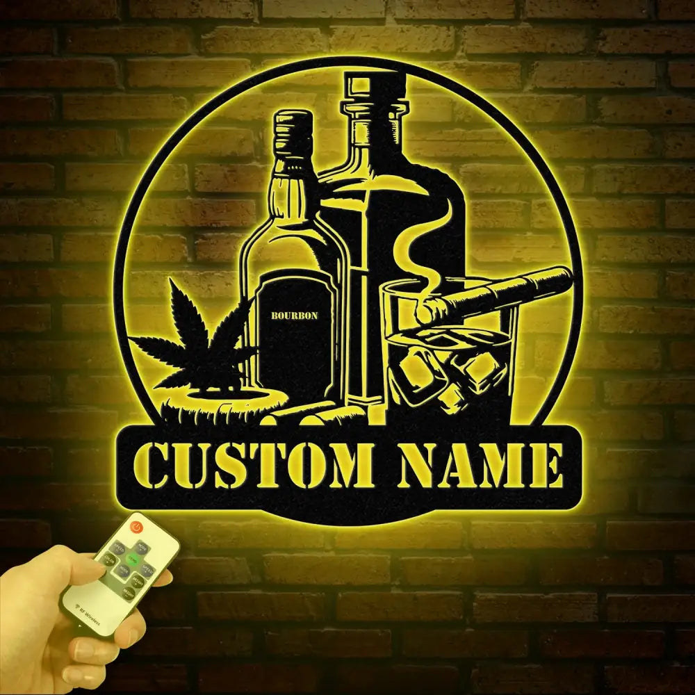 Personalized Bourbon Cigar Metal Wall Art LED Light Whiskey Sign for Home Bar Man Cave Decor Cocktail Wall Art