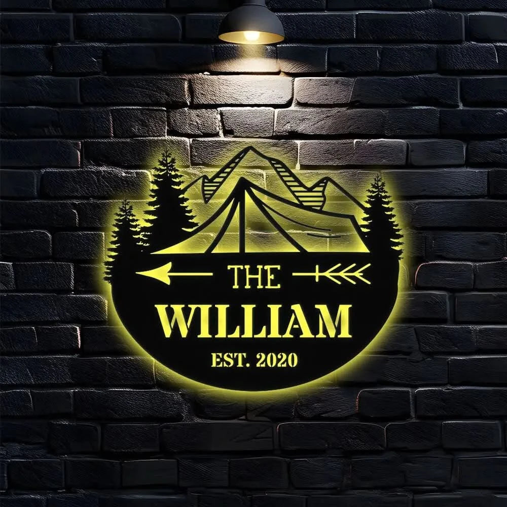 Personalized Camping LED Wall Sign Metal Sign - Last Name Initial Hanging - Personalize Camping Metal Sign - Camping