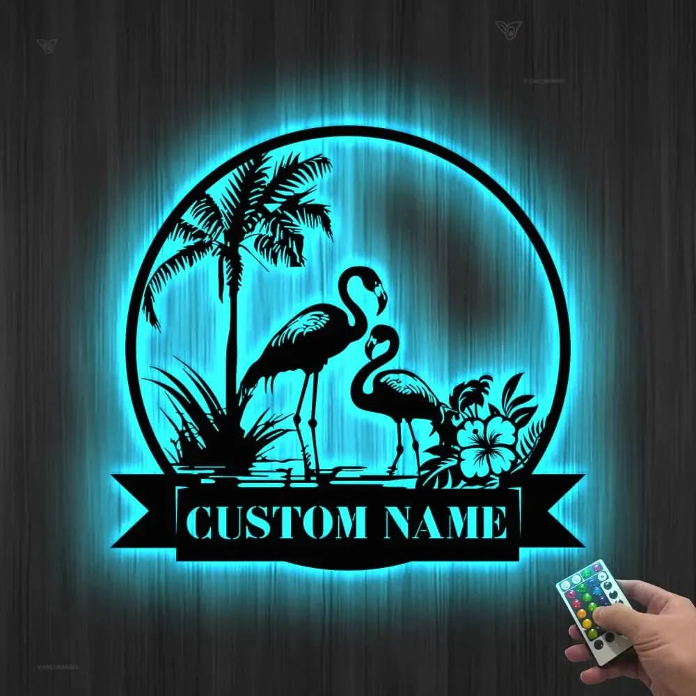 Personalized Couple Flamingo Metal Wall Art LED Lights Custom Pink Flamingo Name Sign Home Decor Nursery Decoration