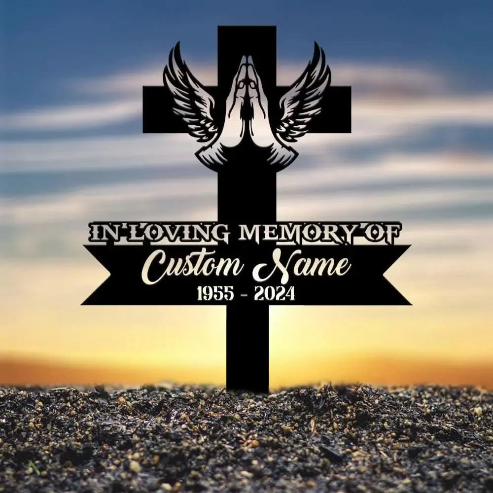 Personalized Cross With Praying Hand Memorial Stake Religion Metal Stake Sympathy Sign Grave Marker Remembrance Stake