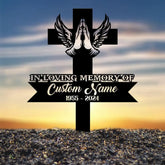 Personalized Cross With Praying Hand Memorial Stake Religion Metal Stake Sympathy Sign Grave Marker Remembrance Stake