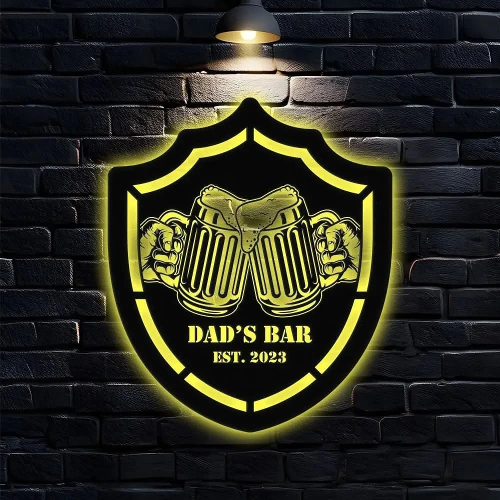 Personalized Dad’s Bar Family name Metal LED Sign - Last Name Initial Hanging - Personalize Dad’s Bar Metal Sign