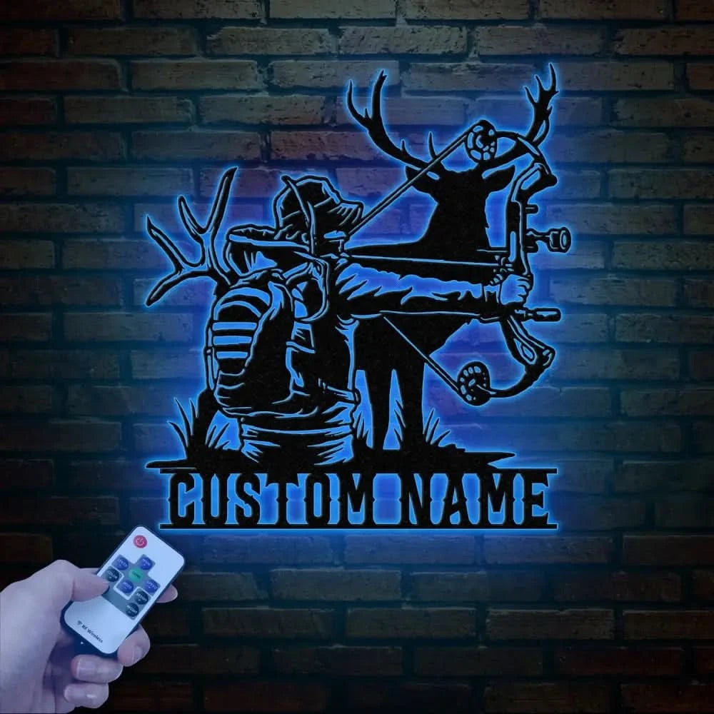 Personalized Deer Bow Hunting Name Metal Sign with Led Light Deer Hunter Gift Custom Last Name Sign Man Cave Decor