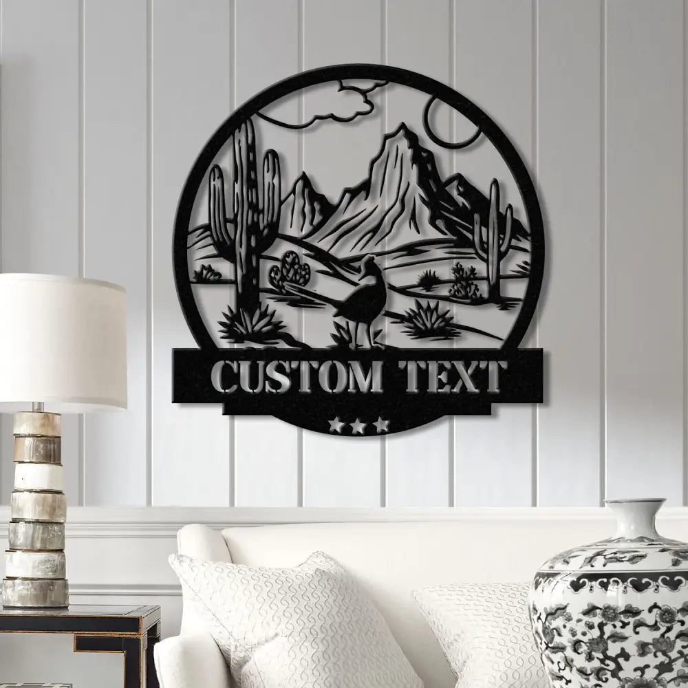 Personalized Desert Cactus with Roadrunner Metal Sign Custom Western Landscape Wall Art Ranch Decor Cactus Mountain