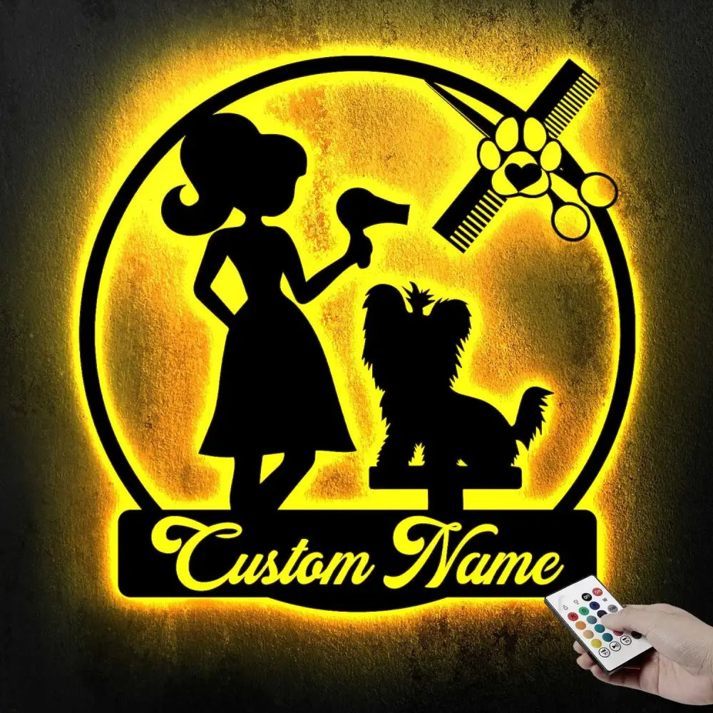 Personalized Dog Grooming Hair Salon Metal Wall Art LED Light - Custom Groomer Name Sign Home Decor - Pet Grooming